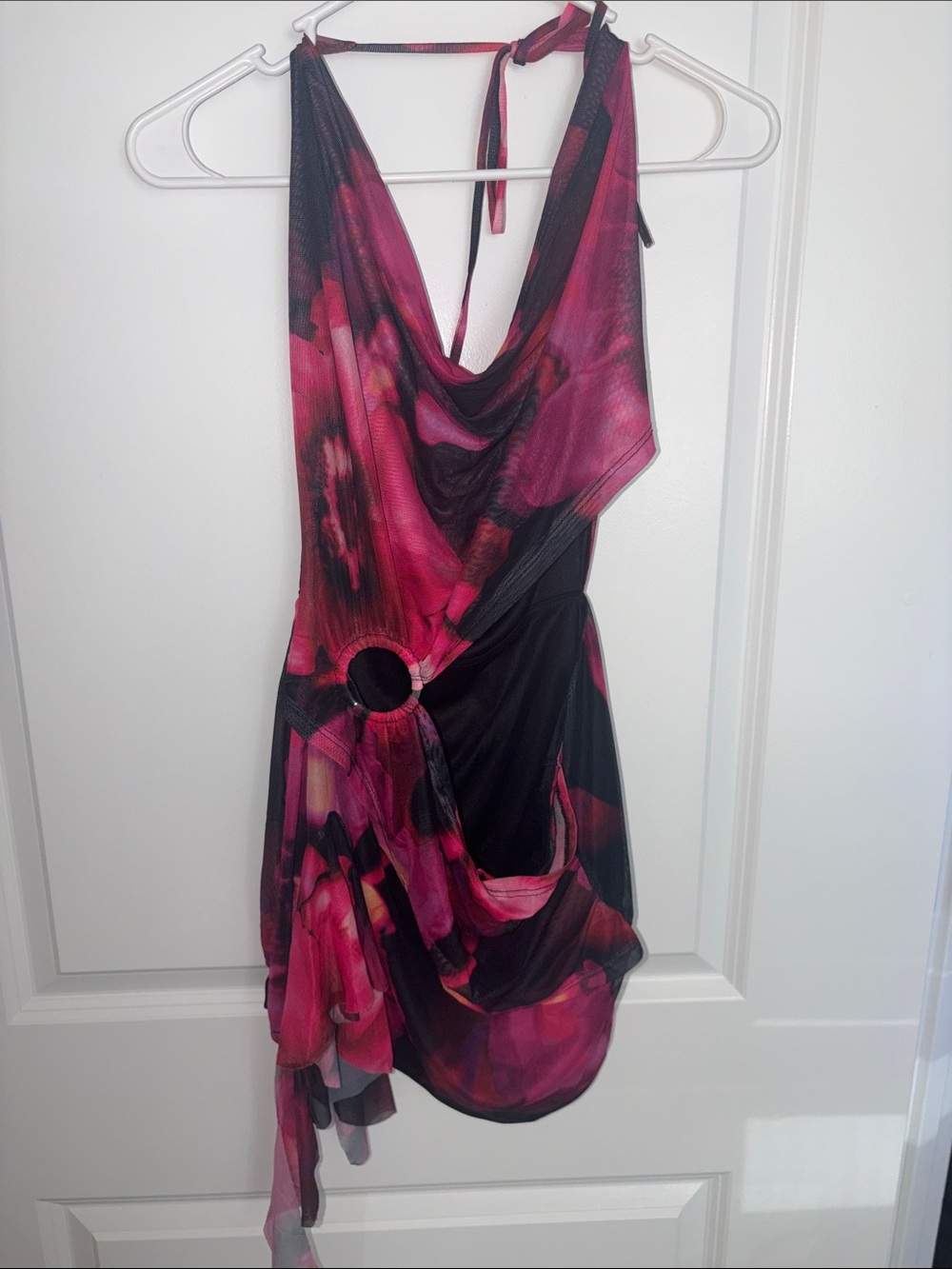 Fashion Nova Hot Pink and Black Halter Ring-Detail Mini Dress